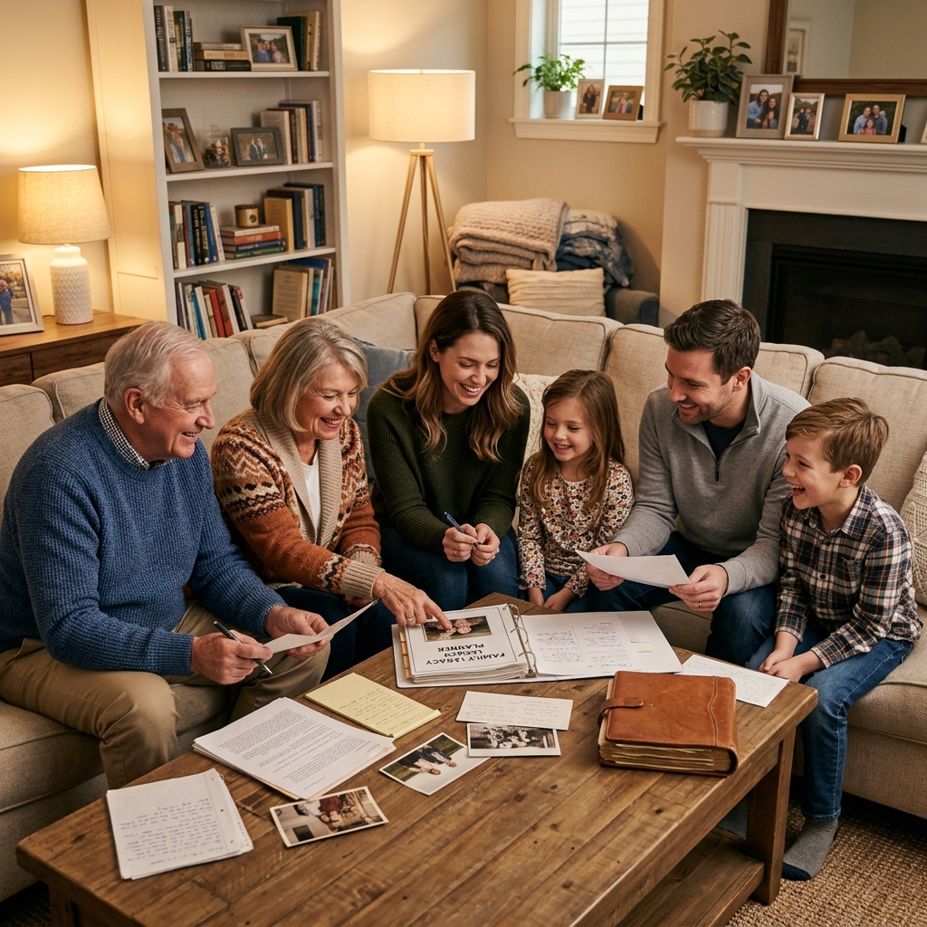 Multi-generational family reviewing legacy documents together